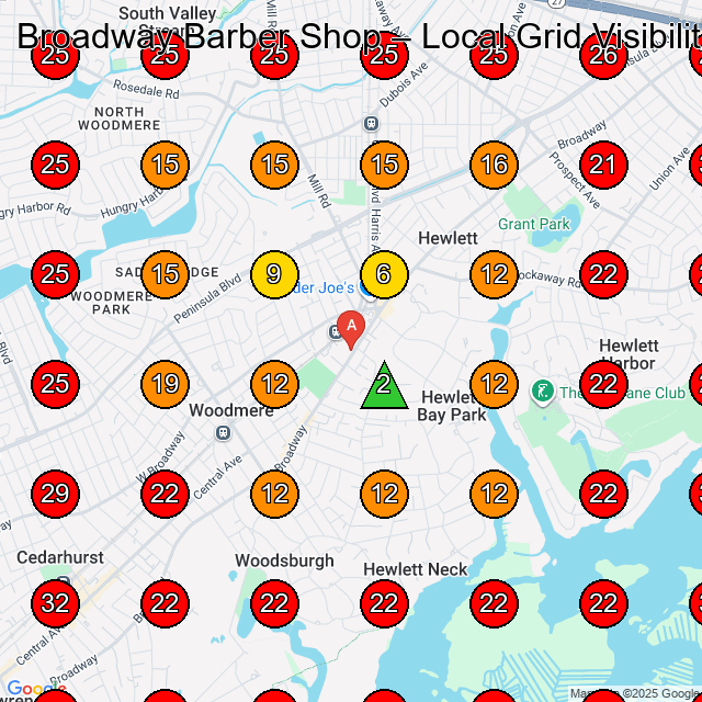 Broadway Barber Shop GeoGrid visibility map for Barber Shop in Hewlett